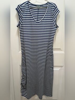 Toad & Co Navy White Stripe Knit Midi Dress Cap Sleeve Side Ruching Pocket XL